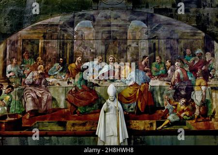 Ultima cena e Giovanni Paolo II, fresco, Cattedrale Metropolitana di San Lorenzo - Cattedrale di Genova o Cattedrale Metropolitana di San Lorenzo l'innovativo 1110 gotico ultimato il XVII secolo. Genova Italia Italiano. Foto Stock