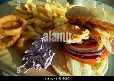 pollo hamburger cipolle anelli coleslaw e patatine fritte pasto liverpool, merseyside, regno unito Foto Stock