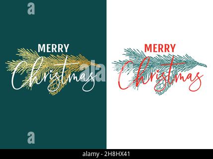 Biglietto di Natale con ramo di abete verde, testo scritto a mano rosso e oro, illustrazione vettoriale su sfondo bianco Illustrazione Vettoriale