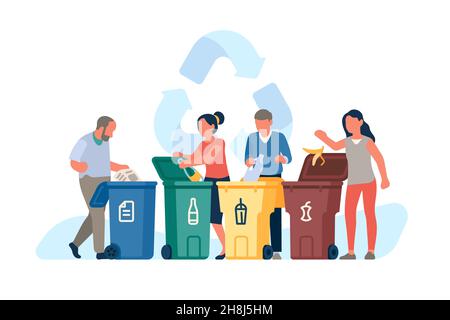 Gente che smistano i rifiuti. Uomini e donne buttano fuori i rifiuti in plastica color dumpster, eco contenitori, raccolta differenziata rifiuti, prendersi cura di Illustrazione Vettoriale