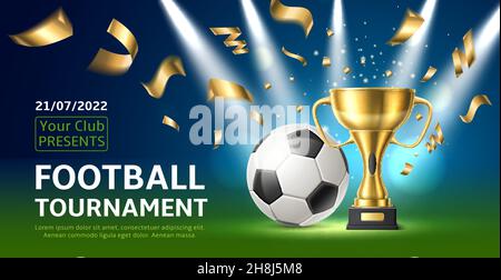 Poster del torneo della lega di calcio. Pallone da calcio con coppa Golden Winner, confetti volanti, banner di invito alla competizione sportiva, cerimonia di premiazione del gioco Illustrazione Vettoriale