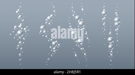 Fizzy drink bolle. Getti trasparenti subacquei realistici. Soda, palloncini d'aria con champagne, acqua frizzante con ossigeno, processo di carbonatazione. Puro Illustrazione Vettoriale