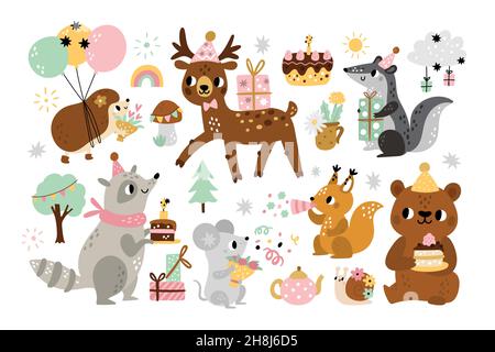 Animali di compleanno carini. Festa dei bambini, personaggi della foresta cartoon dei bambini con attributi decorativi, elementi di celebrazione, hedgehog con palloncini Illustrazione Vettoriale
