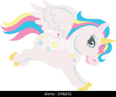 Simpatico piccolo unicorno volare. Animale magico running con ali Illustrazione Vettoriale