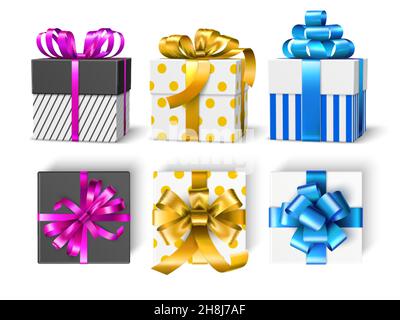 Scatole regalo a colori. Pellicole realistiche per regali, nastri e archi in raso diversi e decorazioni, oggetti di festa, compleanno e natale. Set vettoriale Illustrazione Vettoriale