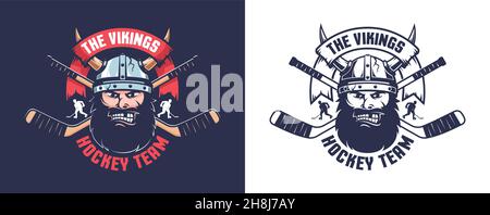 Logo Hockey con testa vichinga arrabbiata e bastoni incrociati Illustrazione Vettoriale