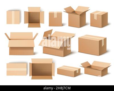 Caselle realistiche. modello di imballaggio aperto e chiuso in cartone 3d, contenitori di spedizione, spedizione post-consegna, oggetti di carta vuoti, set vettoriale Illustrazione Vettoriale