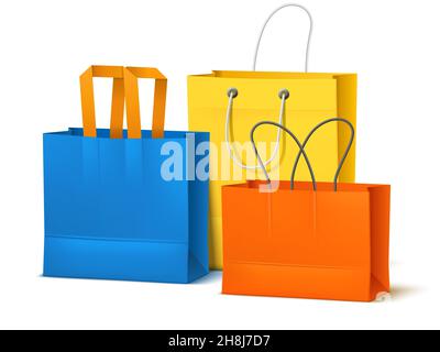 Shopping bag gruppo. Gruppo di confezioni di carta colorate realistiche, mockup vuoto, oggetti di cartone isolati, elementi di design del negozio, concetto vettoriale Illustrazione Vettoriale