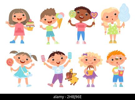 I bambini mangiano dolci. I bambini simpatici e divertenti contengono diversi cibi di zucchero, caramelle, gelato e caramelle di cotone, ragazze felici e ragazzi con lecca e torte Illustrazione Vettoriale