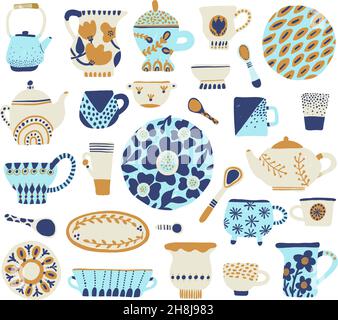 Stoviglie decorative. Carino stoviglie stile rustico, utensili da cucina disegnati a mano blu e bianco colori, ceramica da cucina a motivi geometrici, porcellana ornamentale Illustrazione Vettoriale