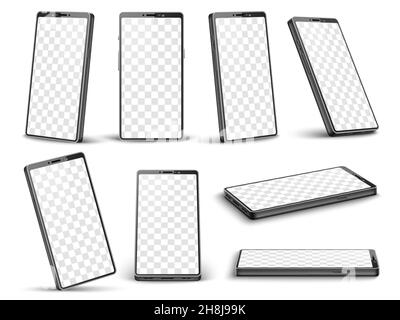 Realistico cellulare nero mockup. Diversi angoli smartphone con sfondo trasparente display schermate modello, dispositivi digitali gadget pubblicità Illustrazione Vettoriale