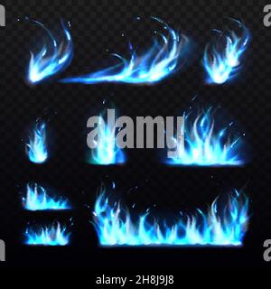 Fiamme blu. Effetti realistici di combustione a freddo, fuochi magici 3d, monossido di carbonio gas fiamma colorata, forme diverse, scintille incandescenti, bordi ardenti Illustrazione Vettoriale