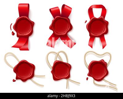 Guarnizione in cera con nastri. Certificazione rotonda rossa realistica con nastri satinati e spago, etichette postali vuote pressate essiccate, lettera e. Illustrazione Vettoriale