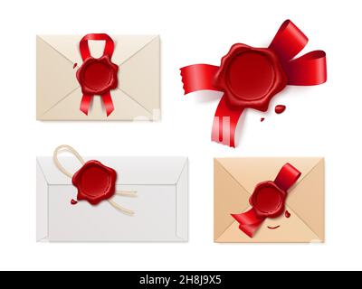 Buste sigillano cera. Buste di carta postale diverse realistiche, francobolli vuoti rossi, nastri e spago satinati, biglietti d'auguri e lettere di invito Illustrazione Vettoriale