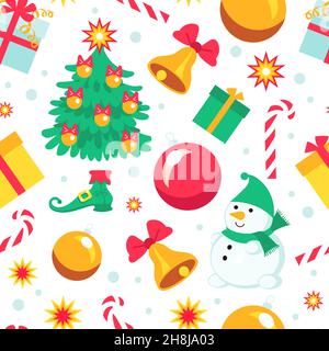 Regali di natale senza cuciture. Inverno vacanza bambini sfondo, personaggi divertenti, pupazzo di neve, albero di nuovo anno, giocattoli e caramello canne isolate su bianco Illustrazione Vettoriale