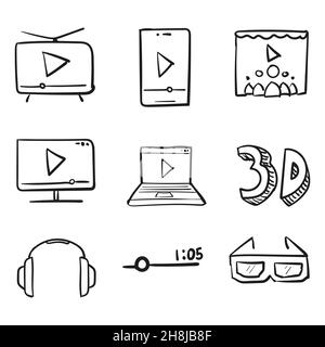Icona disegnata a mano in una serie di guardare video o musica attraverso diversi dispositivi doodle stile isolato Illustrazione Vettoriale