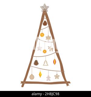 Alternativa eco albero di Natale fatto con rami e legno, carta, tessuti eco giocattoli, pino cono, arancio secco. Vacanze invernali gratuite in plastica. Disegno a mano v Illustrazione Vettoriale