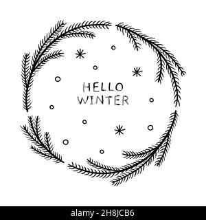 Corona di Natale con rami di abete e fiocchi di neve isolati su sfondo bianco. Illustrazione vettoriale disegnata a mano in stile doodle. Modello carino per i disegni di festa, biglietti d'auguri, inviti. Illustrazione Vettoriale