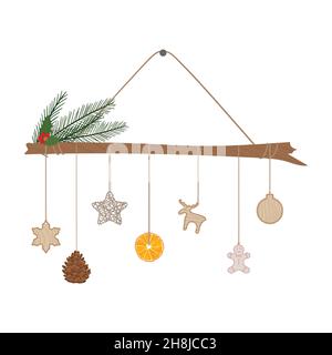 Albero di Natale alternativo fatto con legno di branca ed eco, carta, giocattoli tessili, cono di pino, arancio secco appeso su una corda. Vacanze invernali gratuite in plastica. Illustrazione Vettoriale