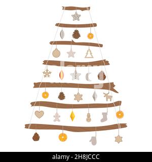 Alternativa eco albero di Natale fatto con rami e legno, carta, tessuti eco giocattoli, pino cono, arancio secco. Vacanze invernali gratuite in plastica. Disegno a mano v Illustrazione Vettoriale