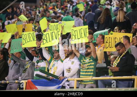 San Pietroburgo, Florida USA; i tifosi di Tampa Bay Rowdies si acclamano e “credono” durante la finale del Campionato USL contro l'Orange County SC allo Stadio al Lang, Foto Stock