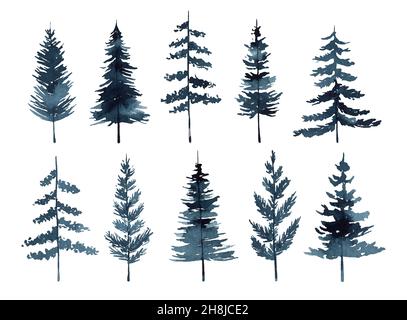 Set di pini acquerelli e abeti isolati su sfondo bianco. Alberi di silhouette astratti. Perfetto per i disegni di Natale e di festa, le schede, le decorazioni, gli inviti. Illustrazione dipinta a mano. Foto Stock