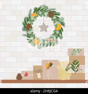 Corona di Natale fatta con pino, eucalipto, abete rosso, cono di pino, arancio secco, verdi. Scaffale con regali in carta kraft. Eco Natale. Disegnato a mano Illustrazione Vettoriale