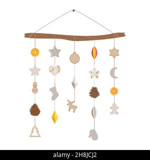 Albero di Natale alternativo fatto con legno di branca ed eco, carta, giocattoli tessili, cono di pino, arancio secco appeso su una corda. Vacanze invernali gratuite in plastica. Illustrazione Vettoriale