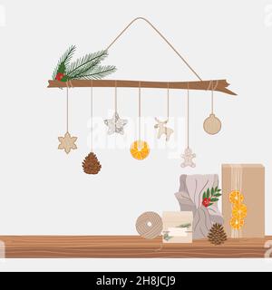 Albero di Natale alternativo fatto con ramo e legno, carta, giocattoli tessili, cono di pino, arancio secco appeso su una corda. Scaffale con regali in kraft Illustrazione Vettoriale