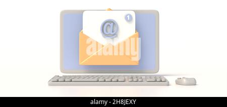 Notifica e-mail, una nuova e-mail in arrivo, applicazione per la comunicazione degli indirizzi aziendali. Inviluppare su un computer minimale isolato su bianco, colori pastello. 3d illu Foto Stock