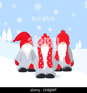 Biglietto di auguri di Natale con tre nane carine su sfondo invernale con fiocchi di neve. Vettore. Illustrazione Vettoriale