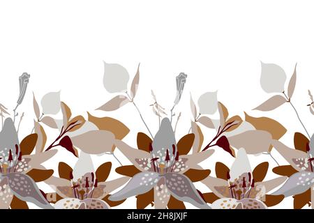 Motivo floreale vettoriale senza cuciture, bordo. Design panoramico orizzontale con fiori grigio-marroni, ramoscelli e foglie. Illustrazione Vettoriale