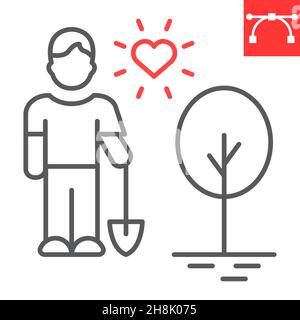 Icona linea albero piantando uomo, giardino e volontariato, icona vettore albero piantando volontario, grafica vettoriale, segno contorno tratto modificabile, eps 10. Illustrazione Vettoriale