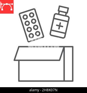 Icona della linea di donazione di farmaci, umanitaria e farmacia, casella di donazione con icona del vettore di farmaci, grafica vettoriale, segno del contorno del tratto modificabile, eps 10. Illustrazione Vettoriale