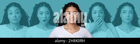 Bella donna gara mista che mostra varie emozioni, collage Foto Stock