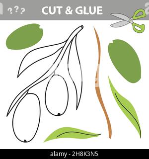 Taglia e colla - gioco semplice per i bambini. Frutta e verdura, ramo di olive. Illustrazione Vettoriale