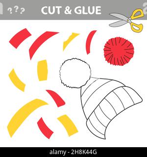Taglia e colla - gioco semplice per i bambini. Tagliare e incollare, tagliare le parti di Hat e incollarle. Gioco educativo per bambini, foglio di lavoro stampabile, illustrazione vettoriale Illustrazione Vettoriale