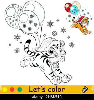 Carino tigre in un cappello di Natale corre con palloncini. Personaggio tigre cartoon. Illustrazione isolata dal vettore. Libro da colorare con esempio colorato. Per la carta, Illustrazione Vettoriale