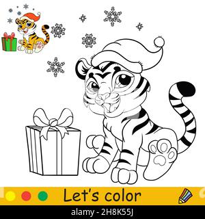 Pagina da colorare con tigre carina, regalo di Natale e fiocchi di neve. Personaggio kawaii cartoon. Libro da colorare con esempio colorato. Figura vettoriale di contorno Illustrazione Vettoriale