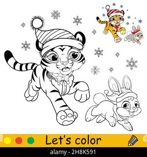 Pagina da colorare con cute cucciolo della tigre di Natale corre con coniglio. Personaggio cartoon. Libro da colorare con esempio colorato. Illustrazione vettoriale del contorno. Per Illustrazione Vettoriale