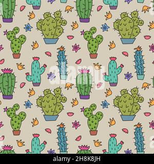 Pattern vettoriale senza giunture con cactus diversi su sfondo beige. Illustrazione Vettoriale