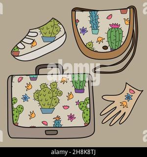 Design in pelle Cactus. Borse, scarpe e guanti disegnati a mano in cratus. Prodotto ecologico. Illustrazione Vettoriale