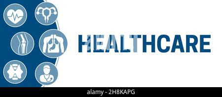 Illustrazione di sfondo di Healthcare Banner con le icone di ginecologia, Endocrinologia, Cardiologia, Ortopedia e medico internista Illustrazione Vettoriale