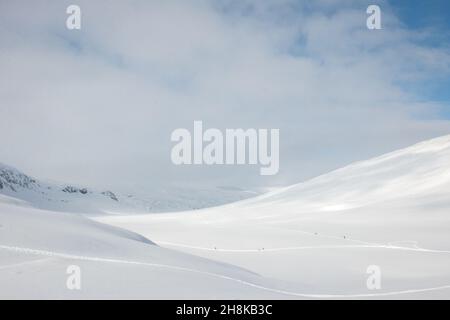 Minuscoli sciatori che si dirigono verso il passo Tjaktja sulla strada per Kebnekaise da Abisko lungo il sentiero Kungsleden. Aprile, stagione invernale, Lapponia, Svezia Foto Stock