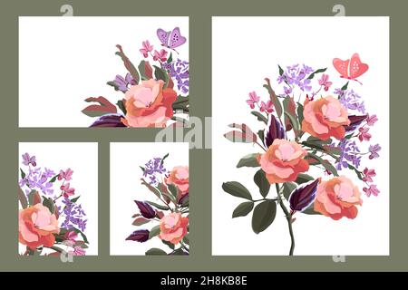 Arte floreale e biglietti da visita. Carte vettoriali con fiori, ramoscelli, foglie, farfalle. Illustrazione Vettoriale