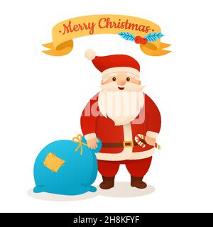 Cartoon biglietto di auguri di Natale. Babbo Natale borsa e lecca lecca, nastro. Divertente personaggio di Natale e caramelle a sorpresa, nastro. Congratulazioni per l'anno nuovo per cartolina, presentazione pubblicitaria Illustrazione Vettoriale