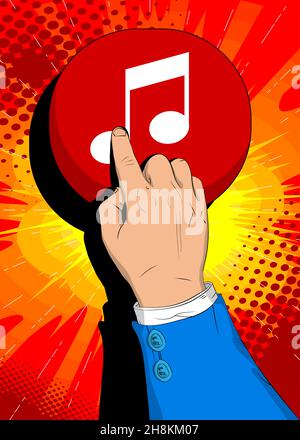 Uomo d'affari che preme il pulsante dell'icona Music Note con il dito indice. Stile fumetto ascolto del concetto di musica. Illustrazione Vettoriale