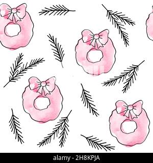 Acquerello disegno a mano senza cuciture con elementi rosa di Natale, moderno sfondo boho con ornamenti di girly arrossati fiocchi di neve calze forme astratte, per avvolgere carta decorazione di festa tessile Foto Stock