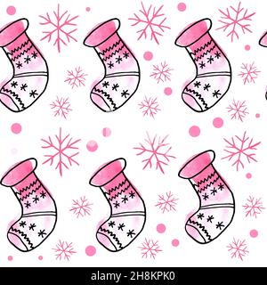 Acquerello disegno a mano senza cuciture con elementi rosa di Natale, moderno sfondo boho con ornamenti di girly arrossati fiocchi di neve calze forme astratte, per avvolgere carta decorazione di festa tessile Foto Stock