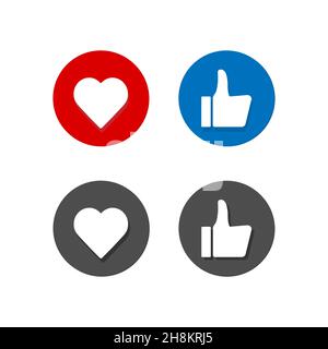 Pollice su e giù, segni di cuore su icone colorate rotonde flat vettoriali. Set di pulsanti simili Illustrazione Vettoriale